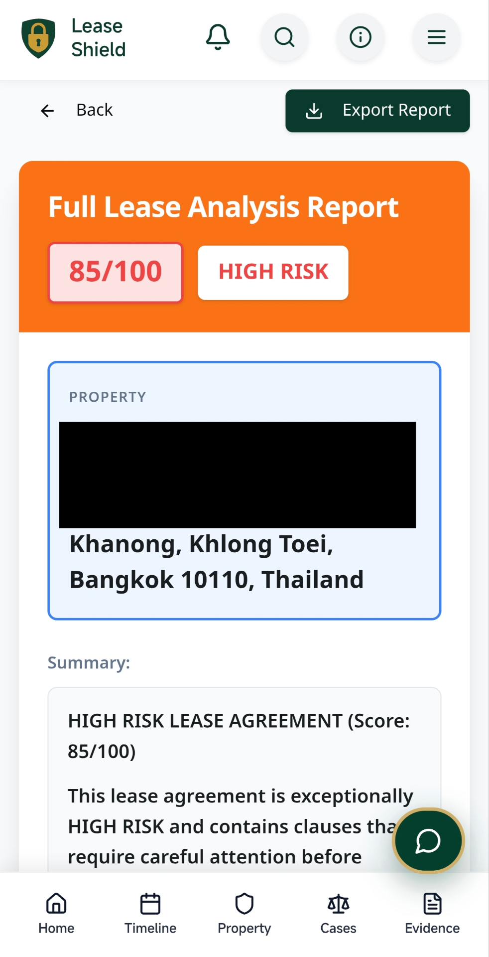 Lease Shield full lease analysis report showing 85/100 high risk score for a Bangkok property, with property address redacted.